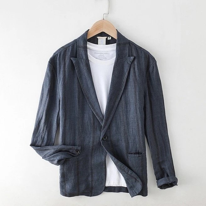 复古平驳领休闲亚麻小西服男士大码商务正装宽松西装