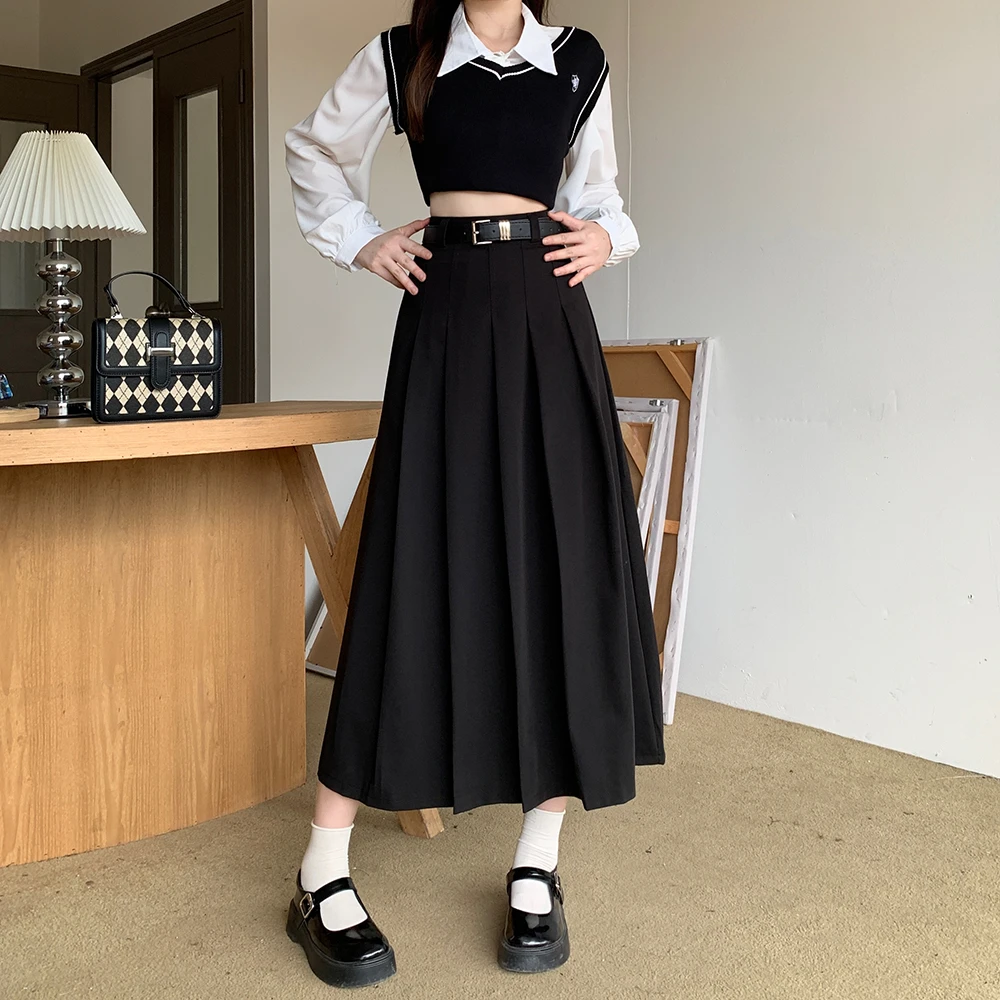 大码女装新款胖妹妹百褶裙长款半身裙A字裙