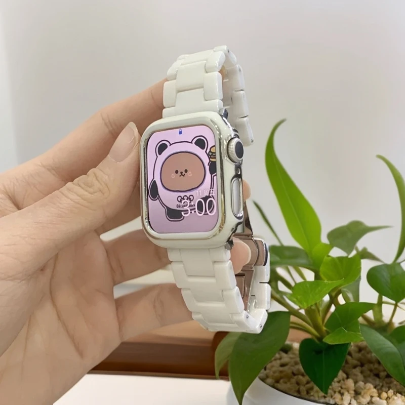 小红书同款适用Applewatch7代陶瓷表带苹果手表654链条se三株佩戴