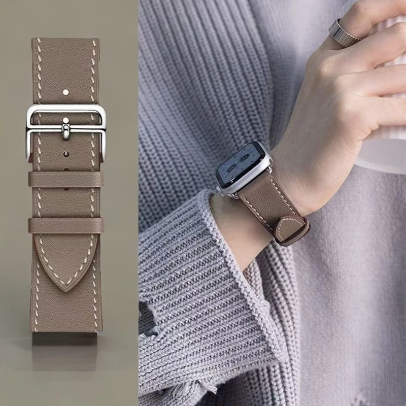 表带适用applewatchS10苹果iwatch9代8/7654SE皮质经典爱马扣表带