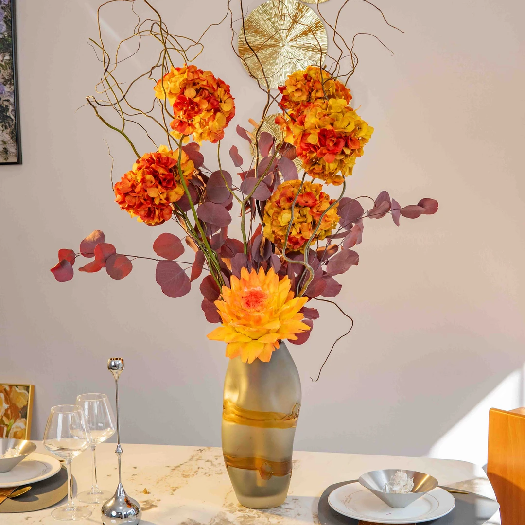 《五福临门》落地客厅大空间永生花花束绣球花龙柳枝沙发摆件