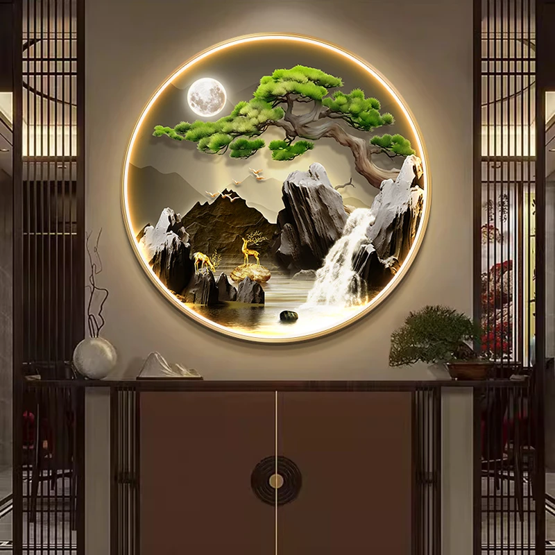 迎客松中式圆形玄关装饰画壁画带灯氛围感山水画晶瓷挂画透亮保真