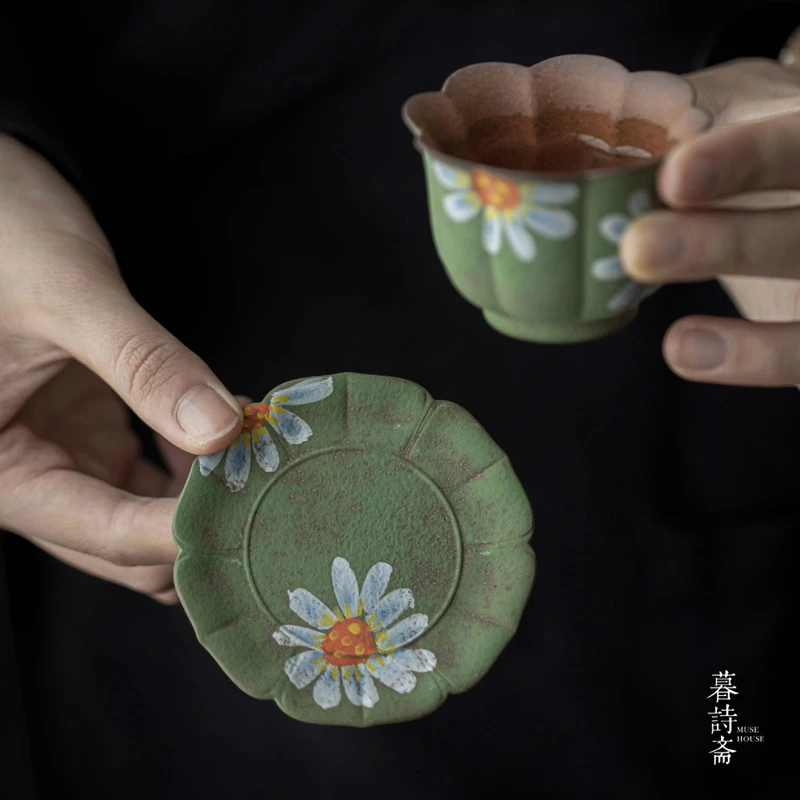 暮诗斋老岩泥手绘向日葵花瓣杯垫茶杯托隔热垫茶托茶垫茶道配件