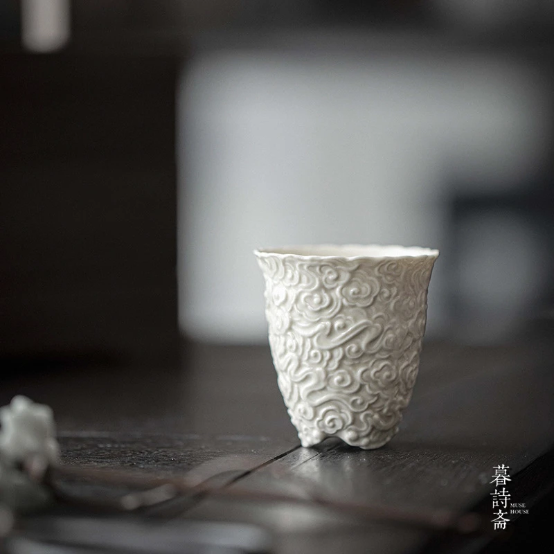 暮诗斋草木灰釉浮雕陶瓷主人杯功夫茶具家用复古茶杯品茗杯