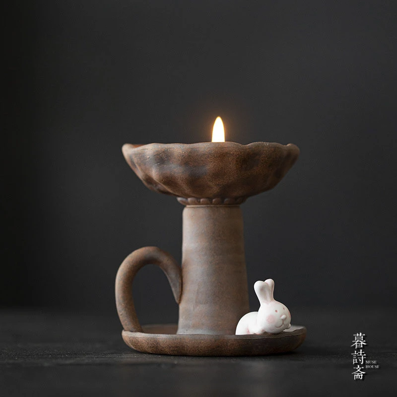 暮诗斋茶空间老岩泥烛台氛围感蜡烛底托文人香薰蜡烛台茶道配件