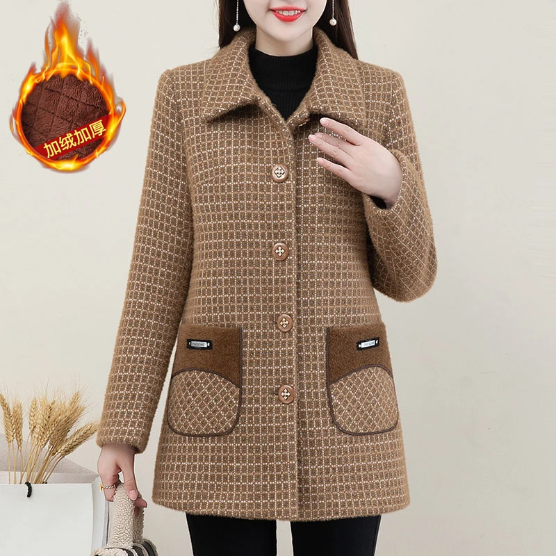 中年妈妈冬装加绒加厚毛呢外套中老年女装冬季洋气保暖水貂绒大衣