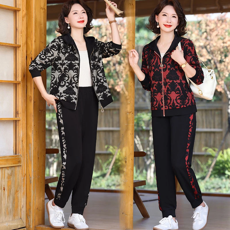 妈妈秋季连帽夹克外套中年女装运动套装中老年女装春秋时尚两件套