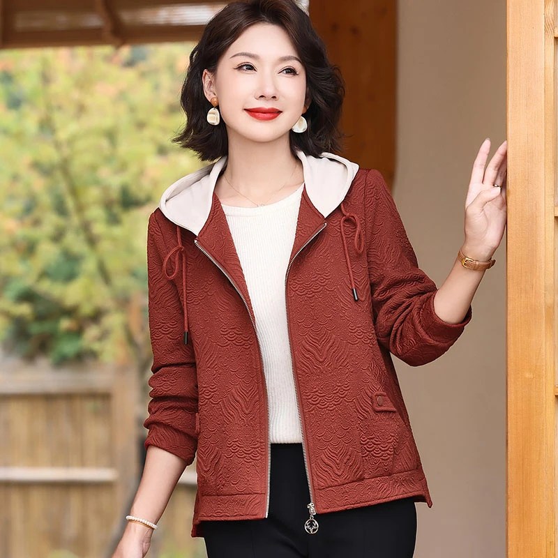 中年妈妈秋装洋气外套短款2024新款中老年女装春秋季连帽夹克上衣
