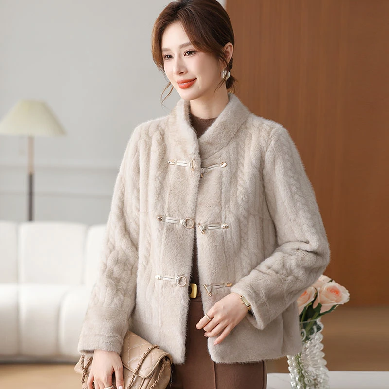 洋气妈妈秋冬高贵水貂绒上衣中老年女阔太太国风仿皮草一体绒外套