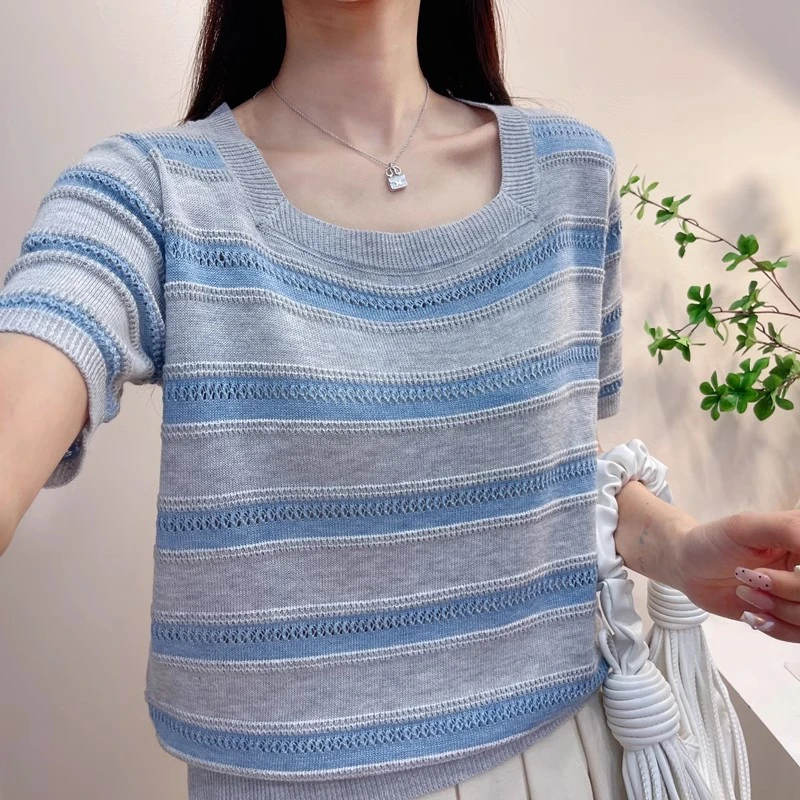 工厂直销/批发 方领条纹镂空套头针织女罩衫时尚洋气宽松短袖上衣