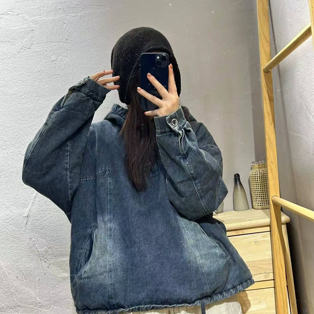 【半奏】冬季新款 炒色水洗连帽夹棉加厚牛仔卫衣胸围120衣长64