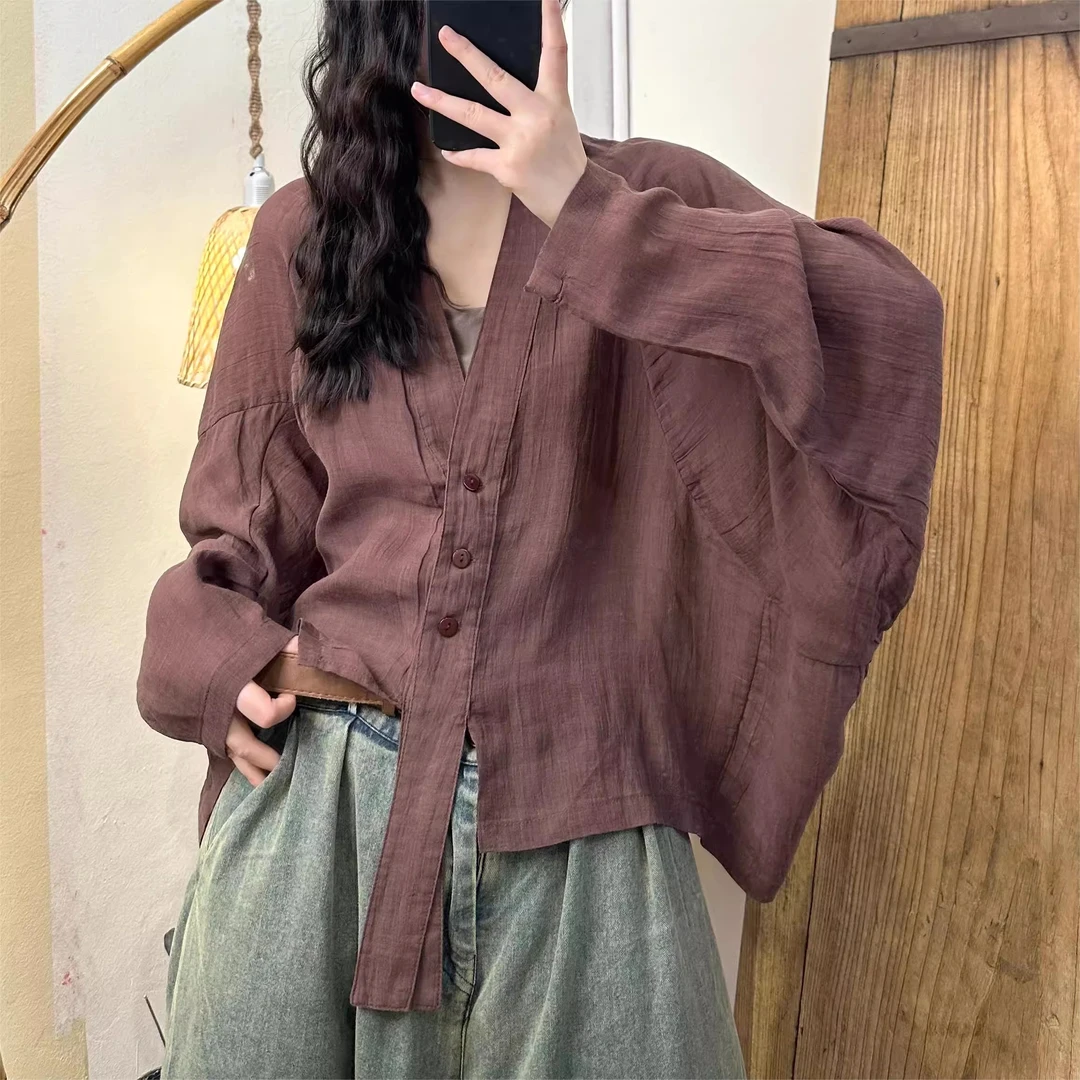 夏季新款褶皱肌理麻轻薄飘带三粒扣开衫外套 胸围150 衣长60