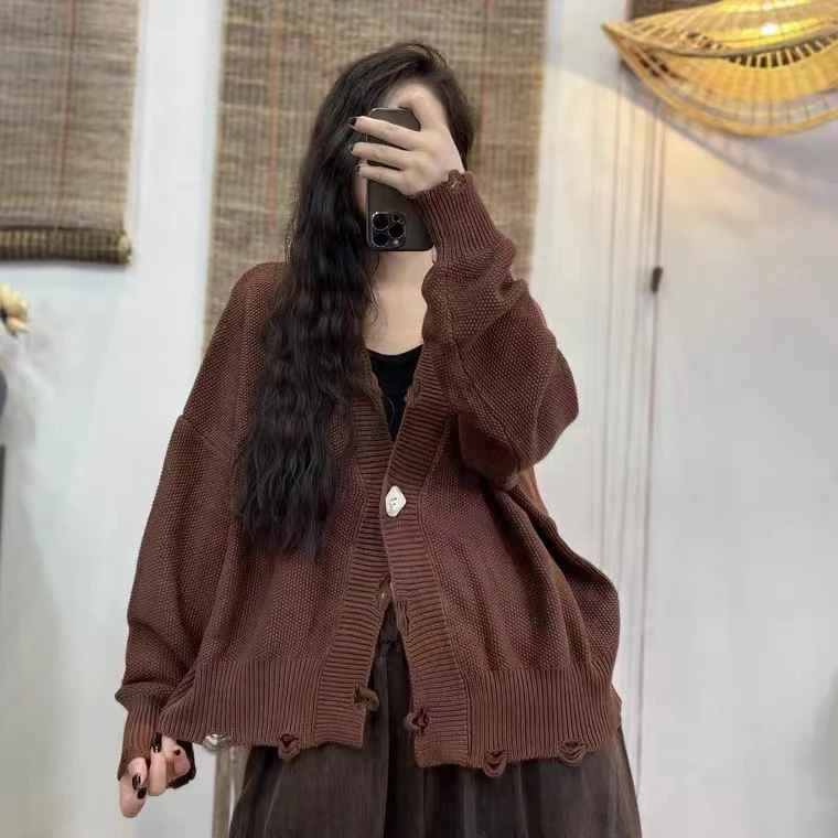 复古文艺棉线个性破边大版百搭毛衣外套衣长59