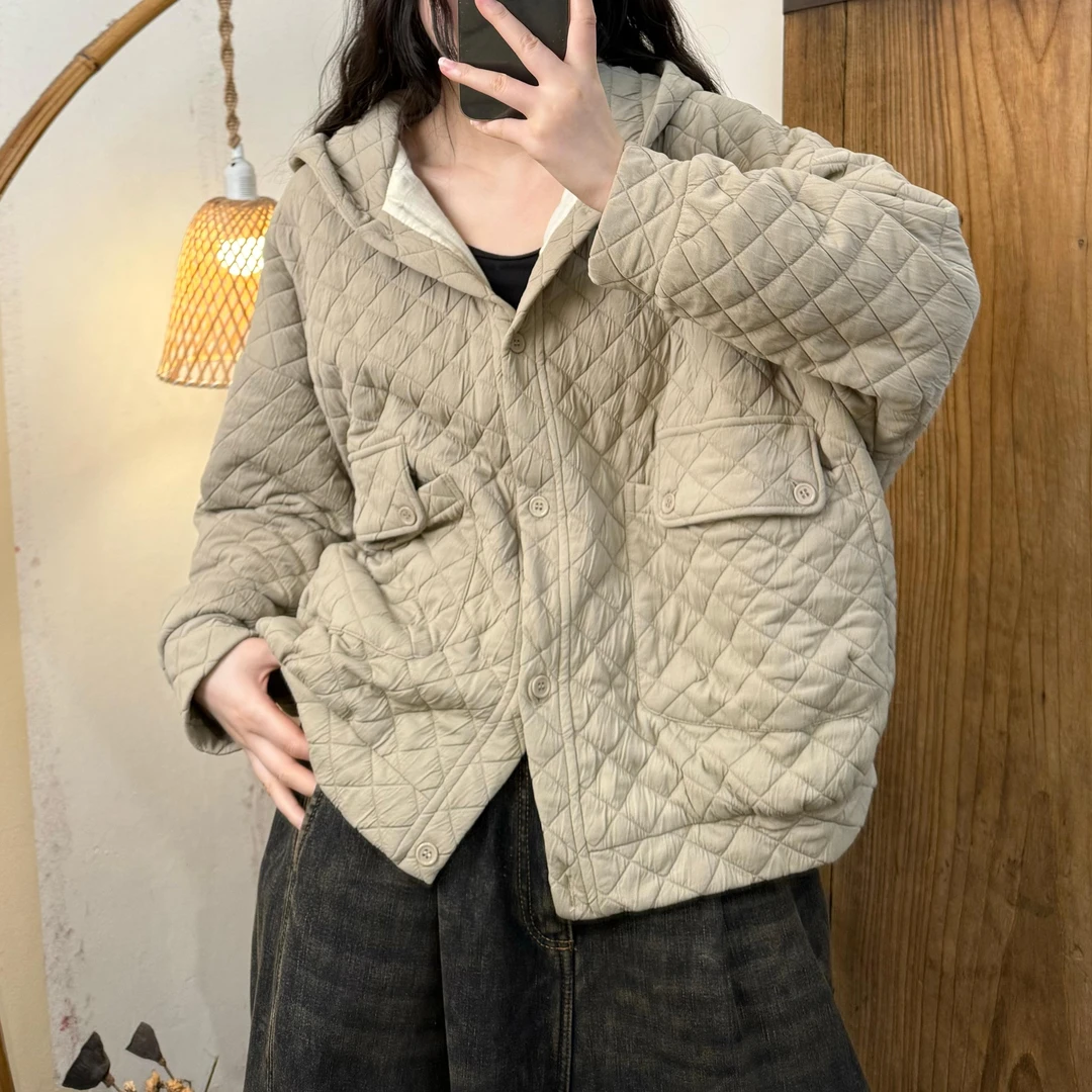 冬季新款休闲百搭简约风纯色菱形格绗棉连帽外套女