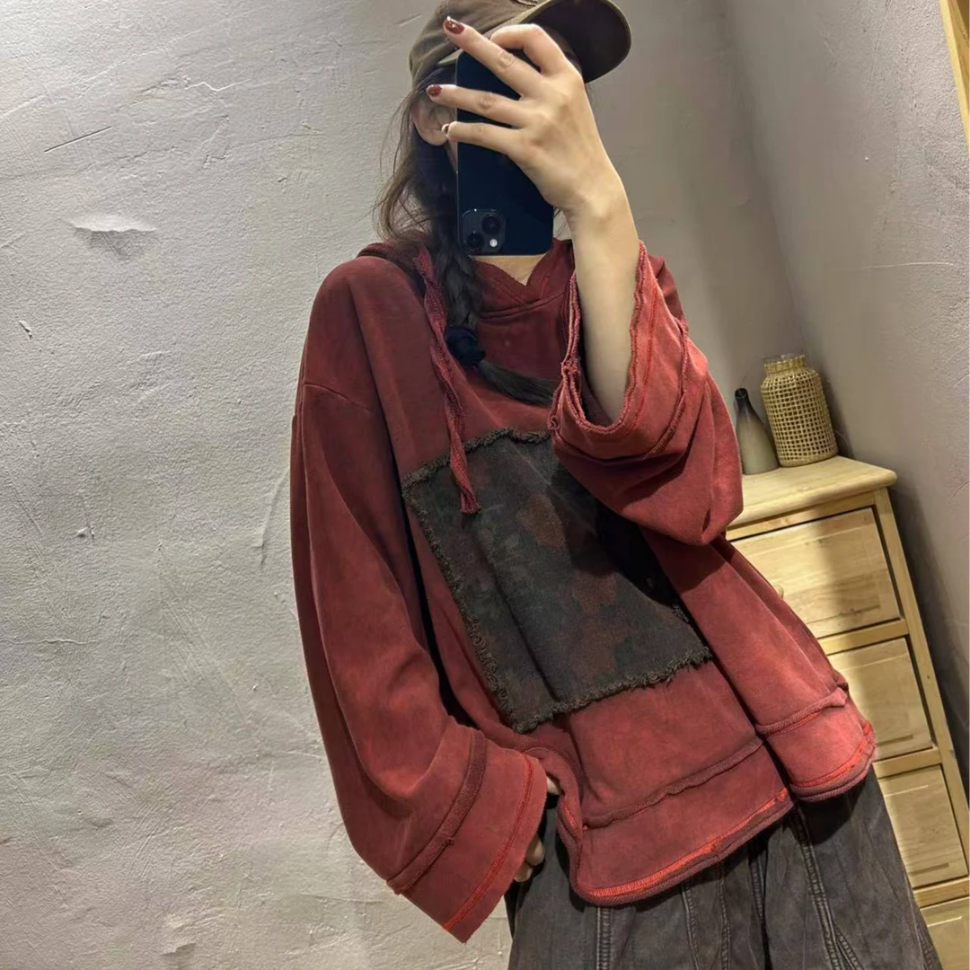 【半奏】冬季新款 加厚毛圈斜纹麻贴布连帽卫衣