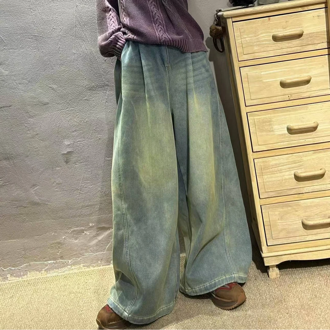 冬季新款文艺百搭炒色加绒牛仔甩裤 腰围68-108 臀围140 裤长100