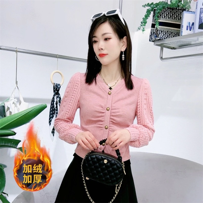 A5930冬季新款长袖蕾丝打底衫加绒加厚气质显瘦洋气上衣