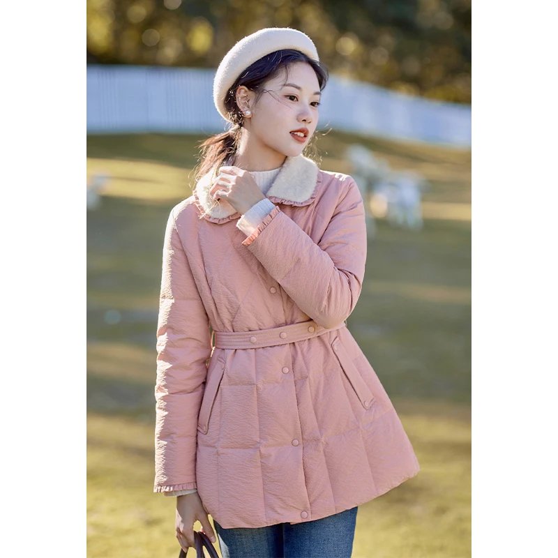红念粉色羽绒服女中长款小个子冬季收腰新款毛领设计感冬装外套