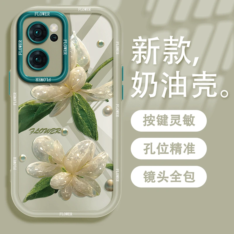 适用于OPPO Reno7镂空玻璃花手机壳奶油硅胶全包网红软壳防摔女款
