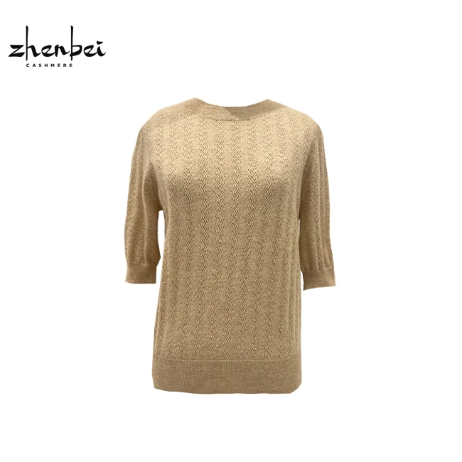 ZB/珍贝薄款精编女装气质宽松圆领镂空女中袖羊绒衫/54959