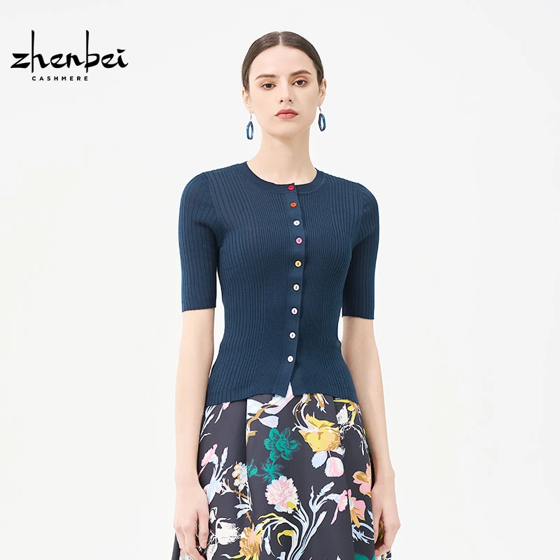 ZB/珍贝商场同款深蓝气质复古可机洗桑蚕丝女开衫/H94010