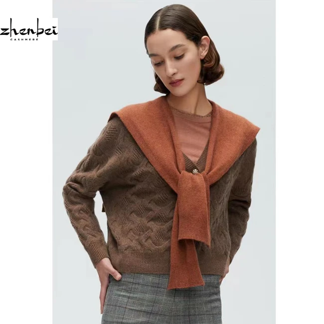 ZB/珍贝时尚复古金棕秋冬V领夹丝绞花女衫/55203-1