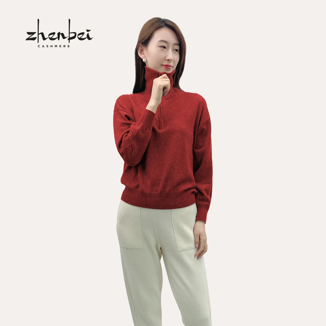 ZB/珍贝商场同款新品年会红羊绒翻领拉链烫饰女衫/H91072