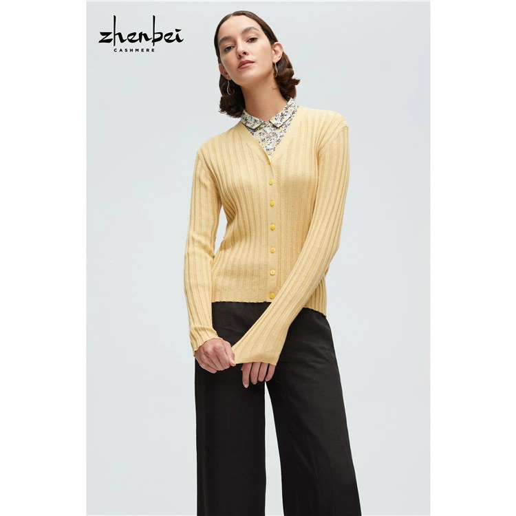 ZB/珍贝春夏修身长袖丝绒V领抽条开衫/h62015