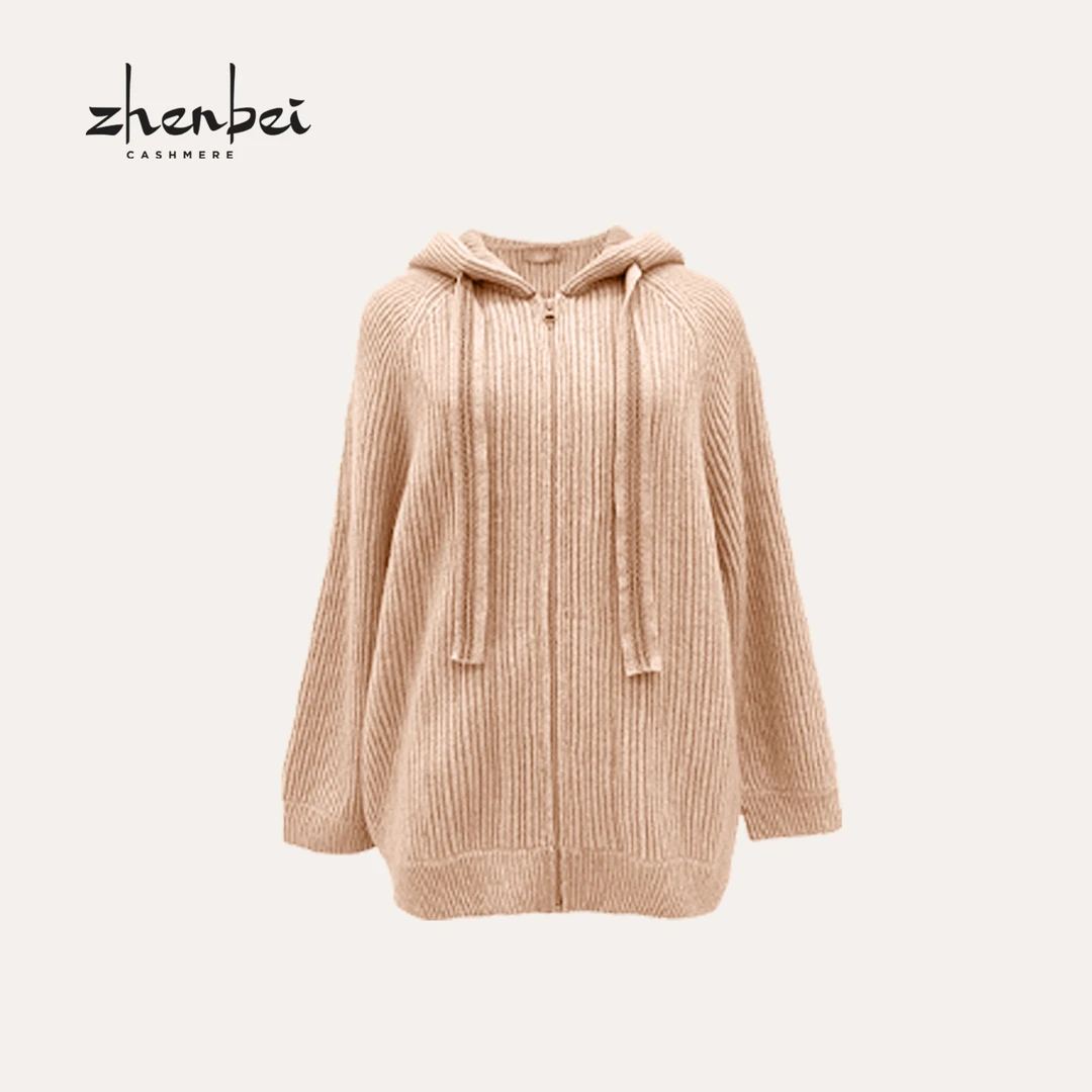 ZB/珍贝文吉儿同款休闲风自然驼色链饰羊绒帽衫/H21059