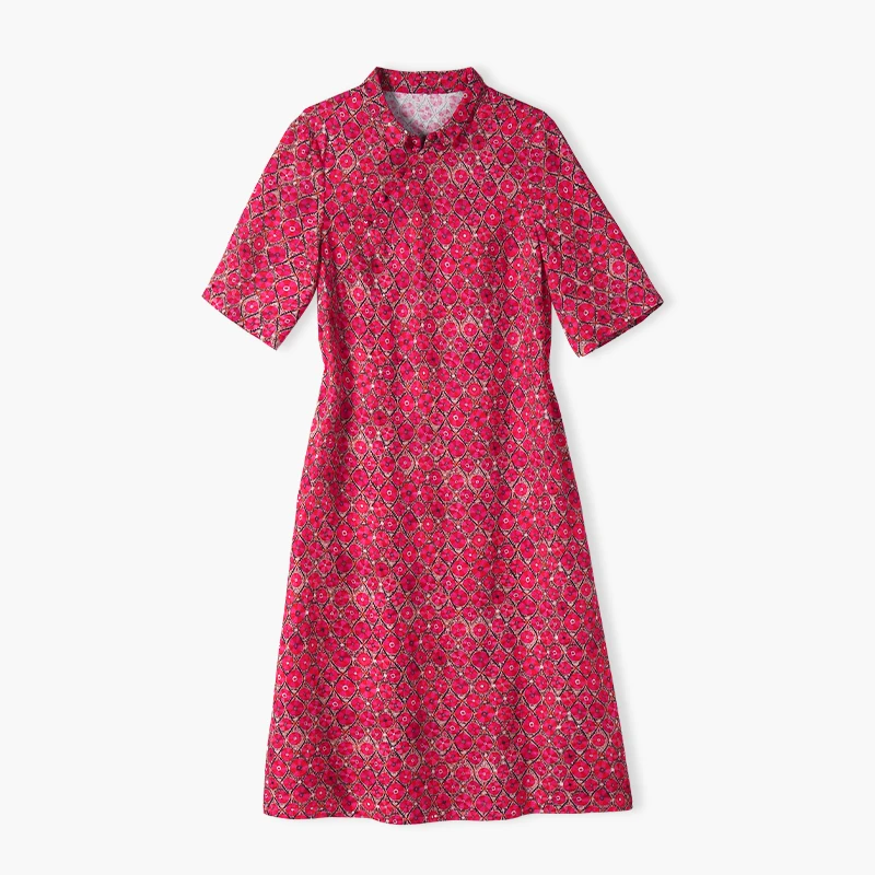 韩穆KA68100夏季新款亚麻女装连衣裙复古中式洋气红色裙子