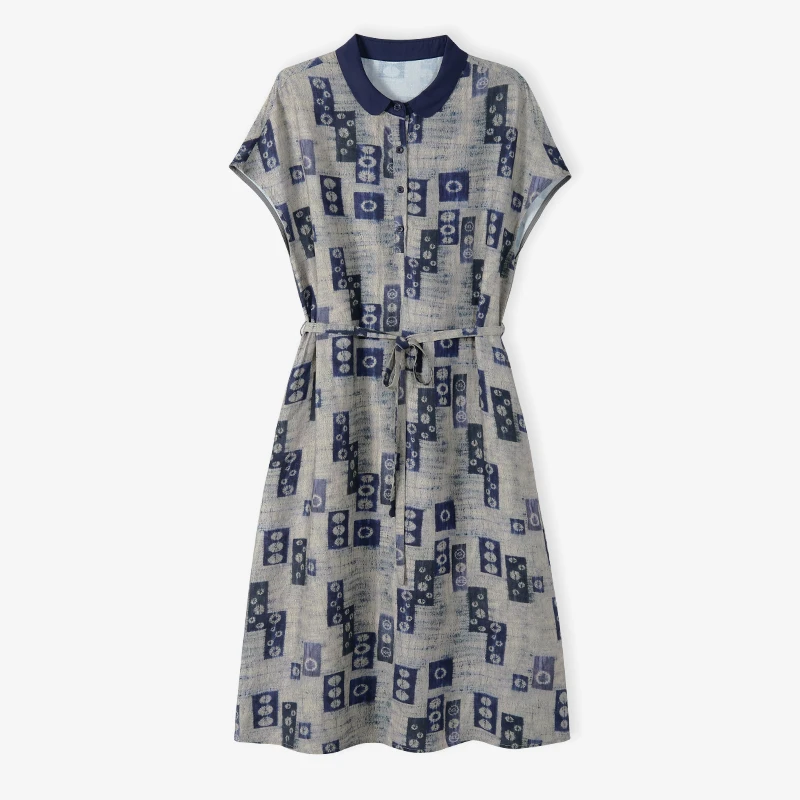 韩穆KA68183天丝亚麻连衣裙夏新款复古印花收腰显瘦宽松休闲裙子