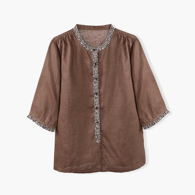 韩穆A67233春季新款纯亚麻文艺百搭休闲长袖小衫圆领时尚大码衬衫