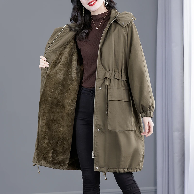 韩穆A222890中长高级棉服女大码冬装加绒妈妈厚外套气质宽松棉袄