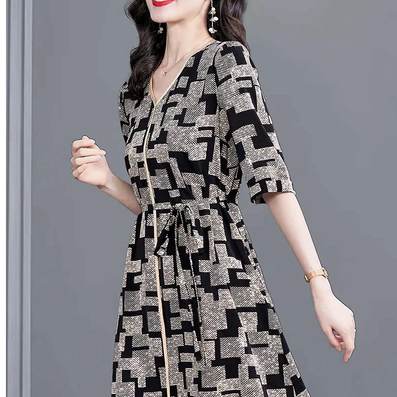 HN&MO/韩穆KA221678名媛气质连衣裙女夏季宽松遮肚子显瘦裙子