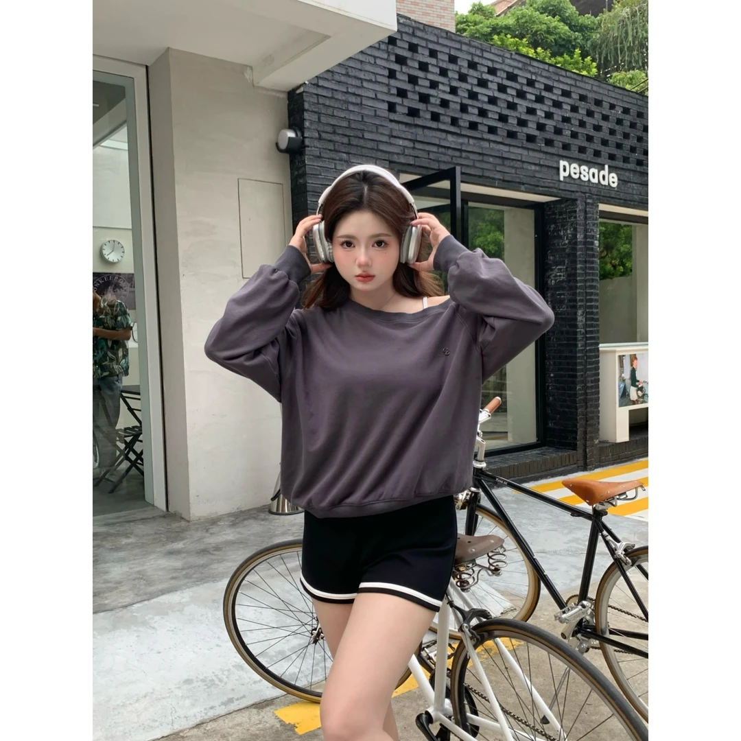 现 朴萄PUUTAO【LU思穿搭】秋季韩版斜肩宽松时尚辣妹卫衣P242TC167