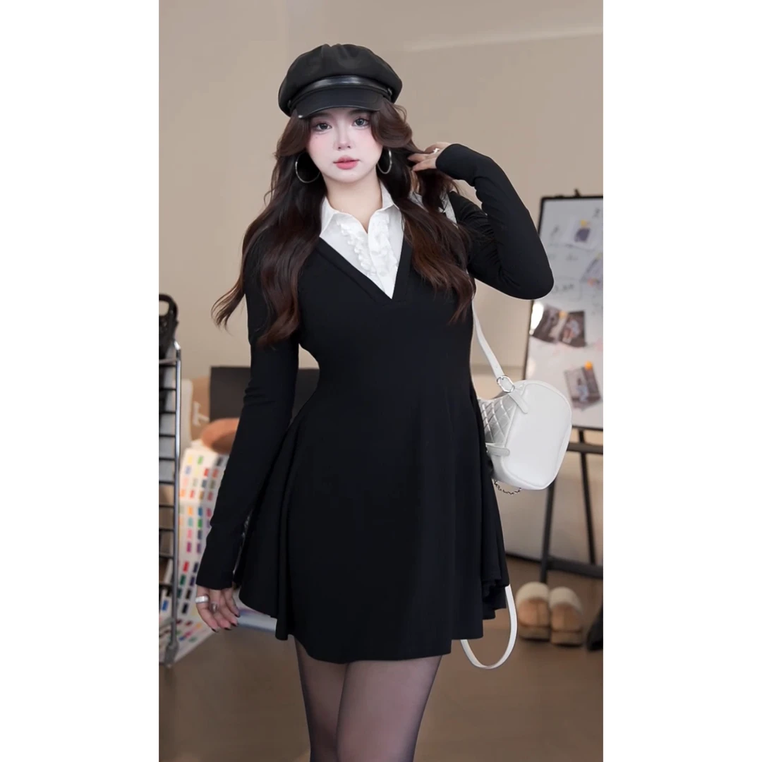 朴萄PUUTAO【海蒂小姐】秋冬甜酷修身辣妹假两件连衣裙P243DY158