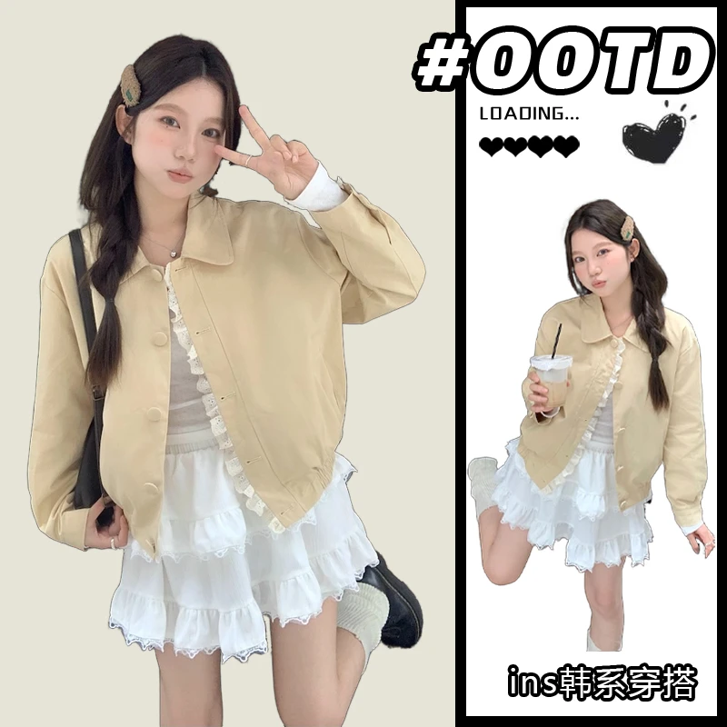 韩版复古卡其色翻领单排扣外套女2024秋季大码百搭短款夹克上衣