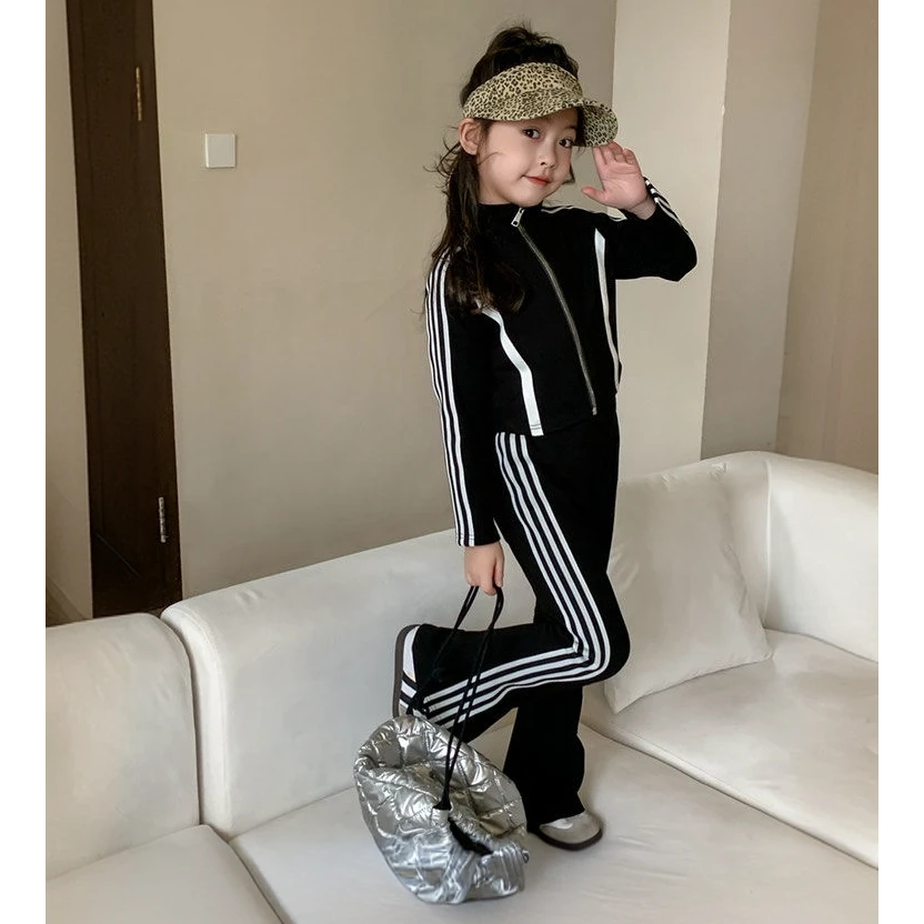 童装2024春女童修身拼色休闲套装中大童女宝长袖外套喇叭裤两件套