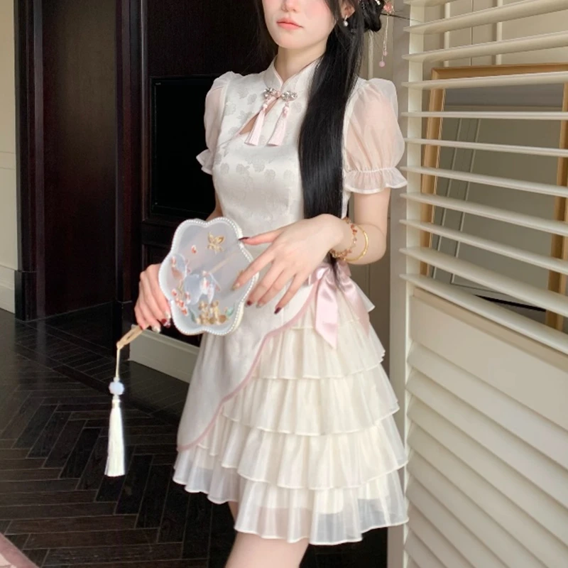 新中式蝴蝶结提花旗袍连衣裙女夏季2025新款收腰短裙子甜美蛋糕裙