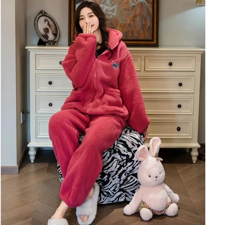 24款网红秋冬季休闲加绒加厚北羔绒毛绒保暖连帽宽松可爱家居服