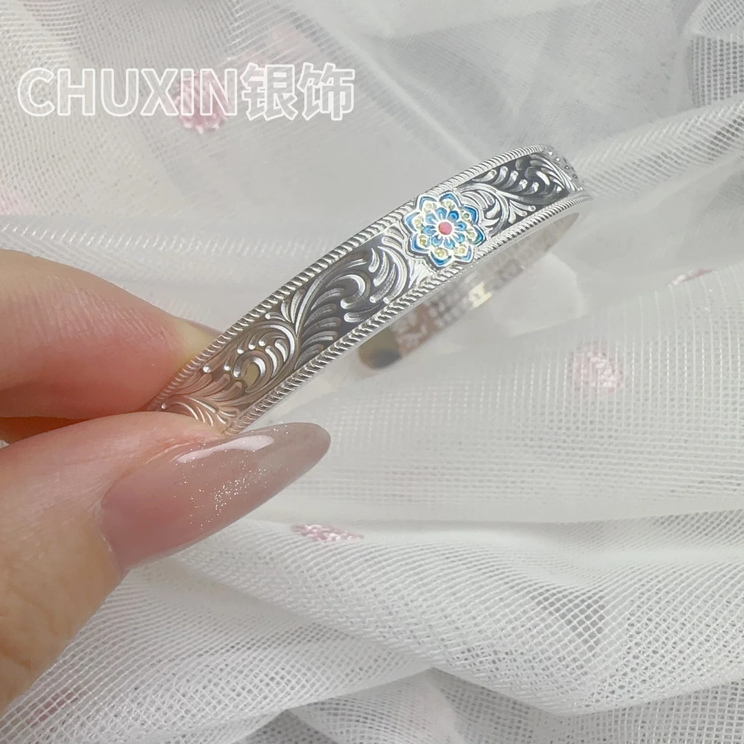 足银手镯 足银9999手工錾刻烧蓝宝相花手镯雕刻传承开口心经镯