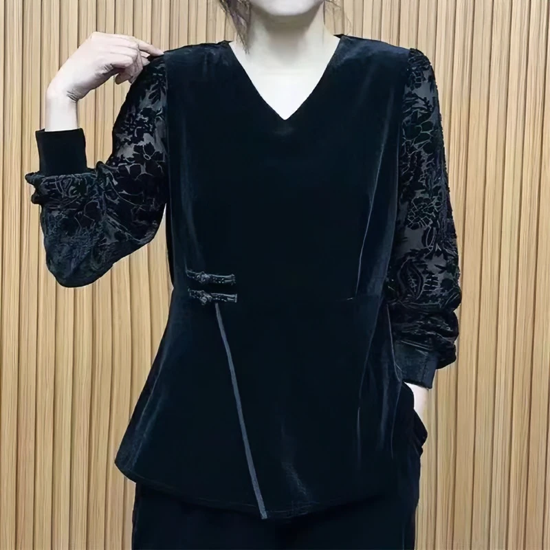 中年女装阔太太复古盘扣洋气高档洋气金丝绒小衫大码打底衫妈妈装