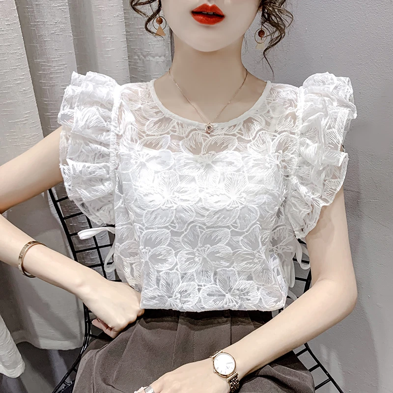 2025夏洋气时尚镂空蕾丝打底衫背心设计感小众荷叶边飞飞袖上衣潮