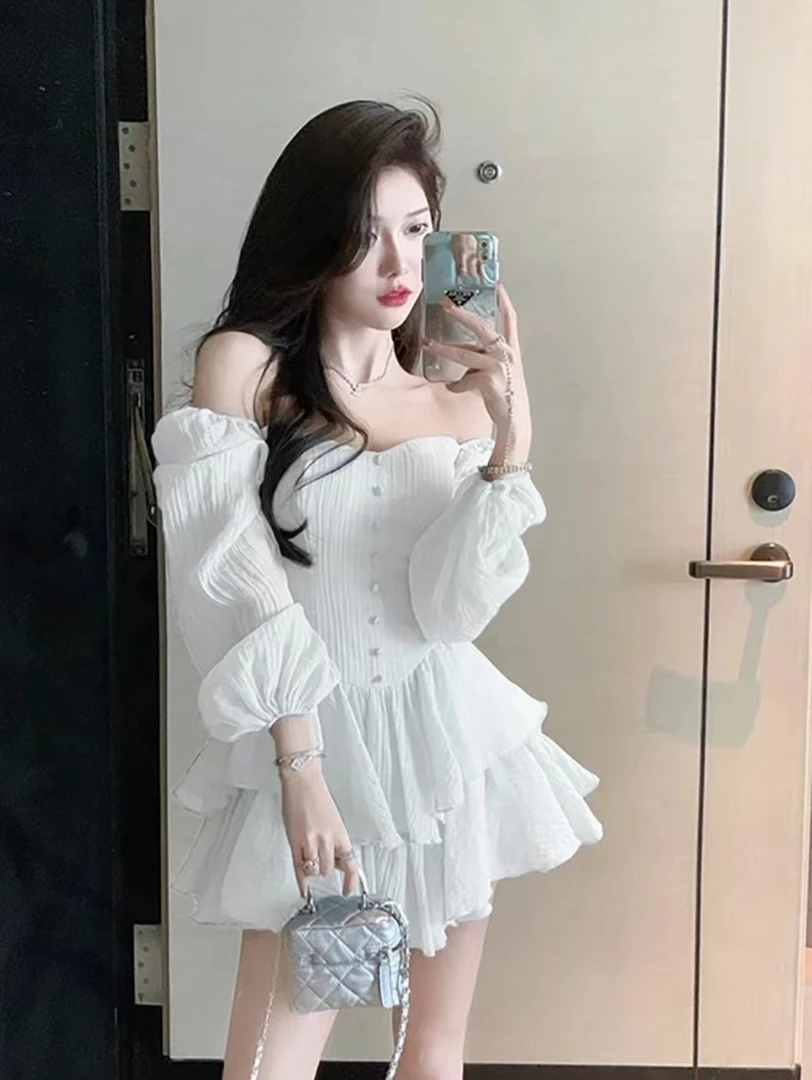 春秋纯欲性感泡泡袖雪纺长袖方领连衣裙女收腰显痩气质短款裙子潮