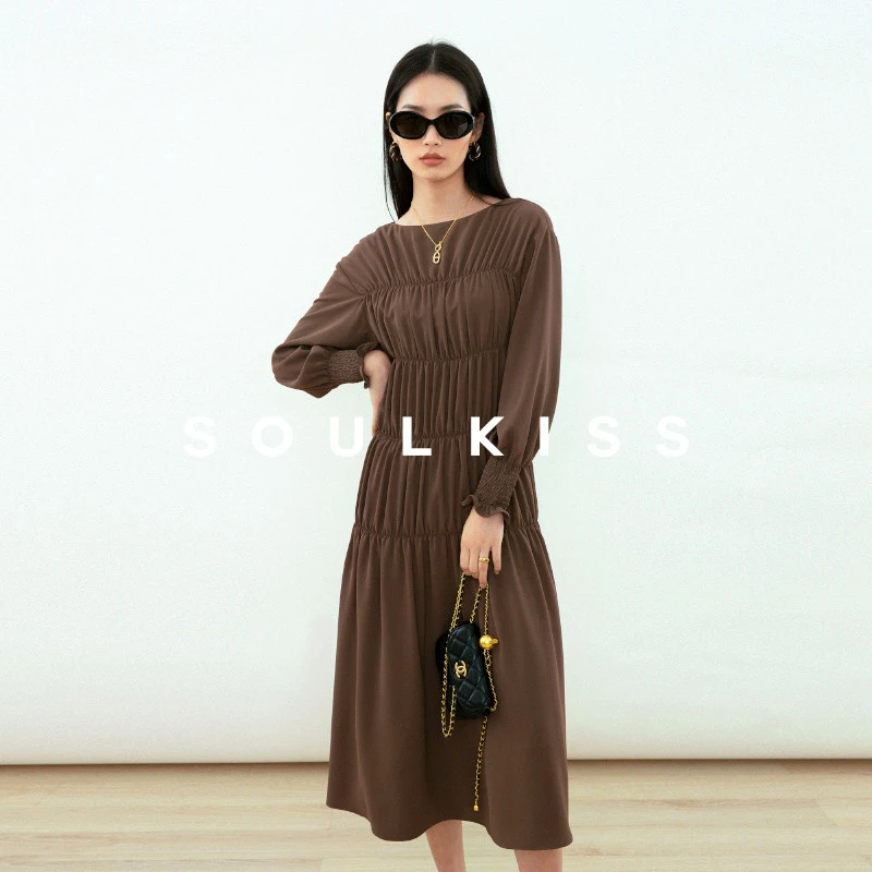 SOULKISS进店必败 仙气小凉风褶皱设计感长袖抽褶云朵连衣裙