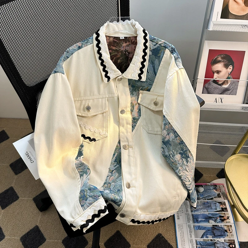 美式潮牌复古刺绣拼接工装夹克男春秋宽松百搭情侣休闲外套痞帅