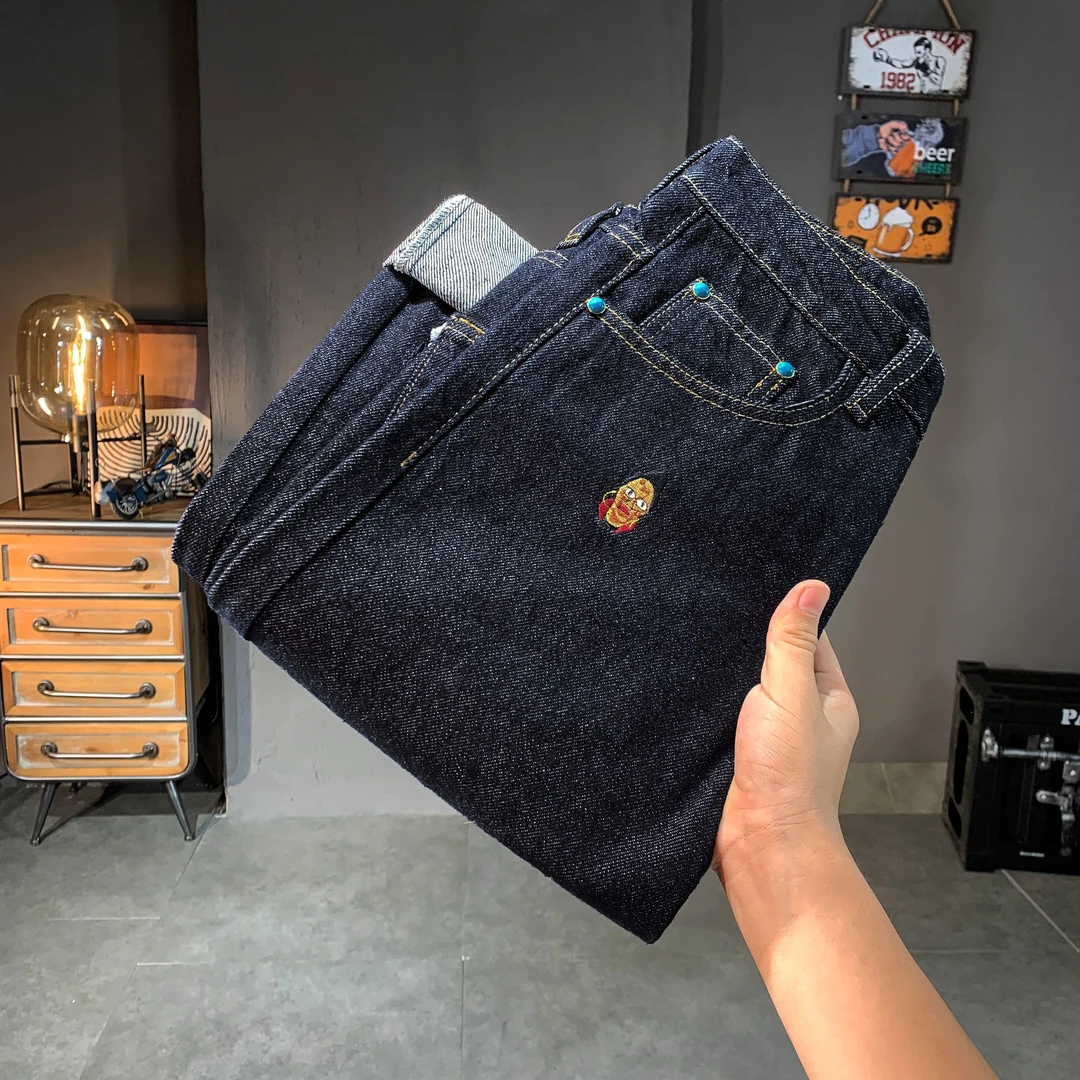 新款人头刺绣原色牛仔裤男款宽松直筒美式高街垂感高端不掉色裤子