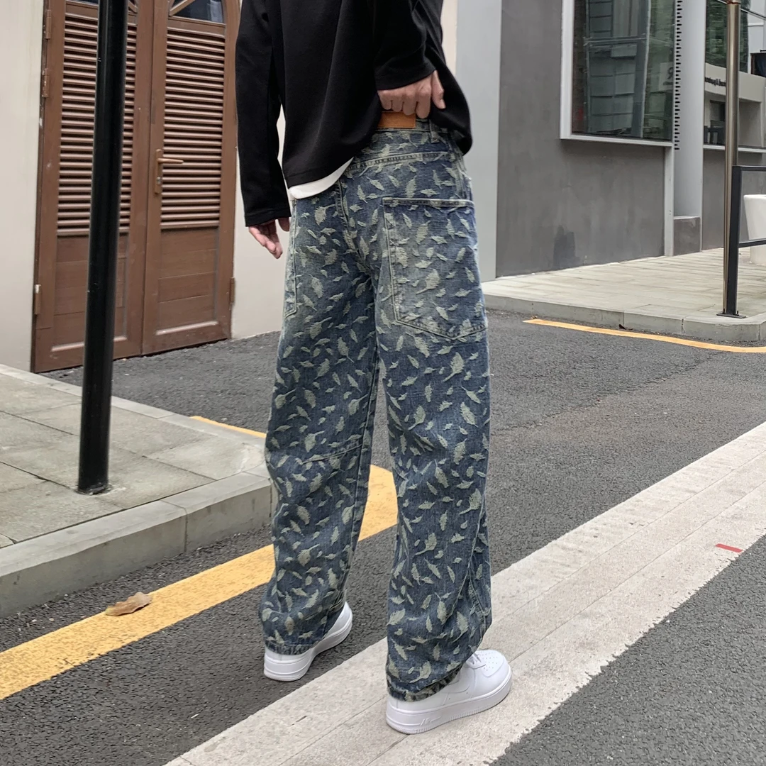 高端男士牛仔裤2024年秋冬新款美式提花痞帅休闲长裤宽松直筒男裤