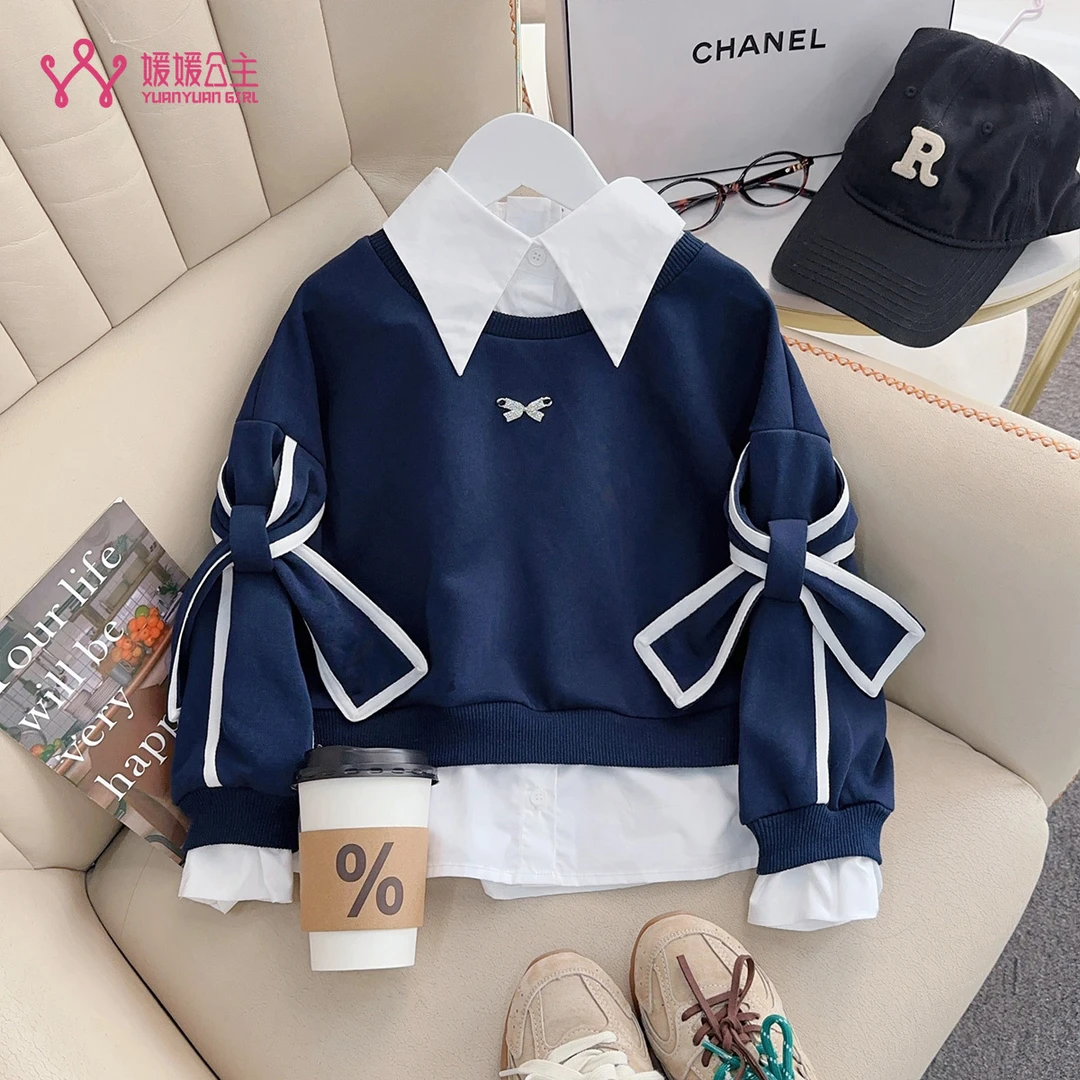 媛媛公主【时尚可爱】24秋新款假两件蝴蝶结领花女童中大童卫衣S234