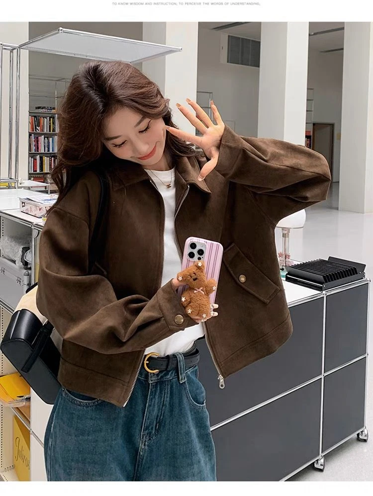 棕色美拉德麂皮绒外套女春秋新款短款美式小个子复古机车夹克上衣